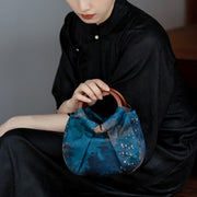 Buddha Stones Handmade Jacquard Flower Blue Wooden Handle Handbag 11