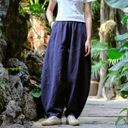 Buddha Stones Solid Color Loose Yoga Harem Pants With Pockets Harem Pants BS Blue(Waist 66-96cm/Hips 122cm/Length 98cm)