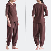Buddha Stones Yoga Meditation Prayer V-neck Design Cotton Linen Clothing Uniform Zen Practice Women's Set Clothes BS 7