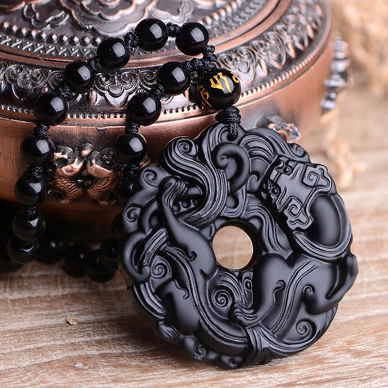 Buddha Stones Natural Black Obsidian Peace Buckle Pixiu