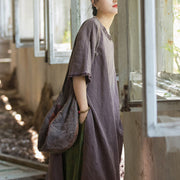 Buddha Stones Mid Length Dress Ramie Linen Half Sleeve Split Hem Top T-Shirt 28