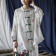 Buddha Stones White Red Flowers Green Leaves Frog-Button Long Sleeve Ramie Linen Jacket Shirt 2