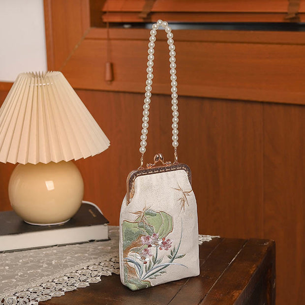 Buddha Stones Mountain Stone Orchid Pattern Pearl Chain Crossbody Bag Handbag Crossbody Bag&Handbags BS 2