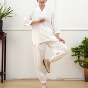Buddha Stones 2Pcs V-Neck Three Quarter Sleeve Shirt Top Pants Meditation Zen Tai Chi Cotton Linen Clothing Women's Set