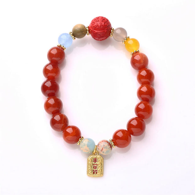 Buddha Stones Natural Red Agate Peace Talisman Fu Character Dragon Tail Confidence Charm Bracelet Bracelet BS 1