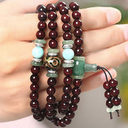 Buddha Stones 108 Beads Small Leaf Red Sandalwood Green Aventurine Amazonite Luck Healing Bracelet Mala