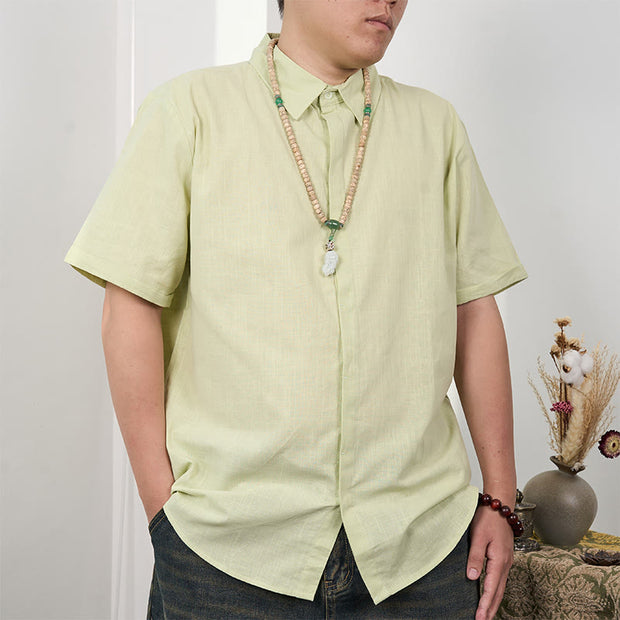 Buddha Stones Men's Short Sleeve Button Casual Cotton Linen Shirt Men's Shirts BS 11