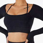 Buddha Stones Ribbed Long Sleeve Crop Top T-shirt Shorts Sports Fitness Gym Yoga Outfits 2-Piece Outfit BS Black Top XL