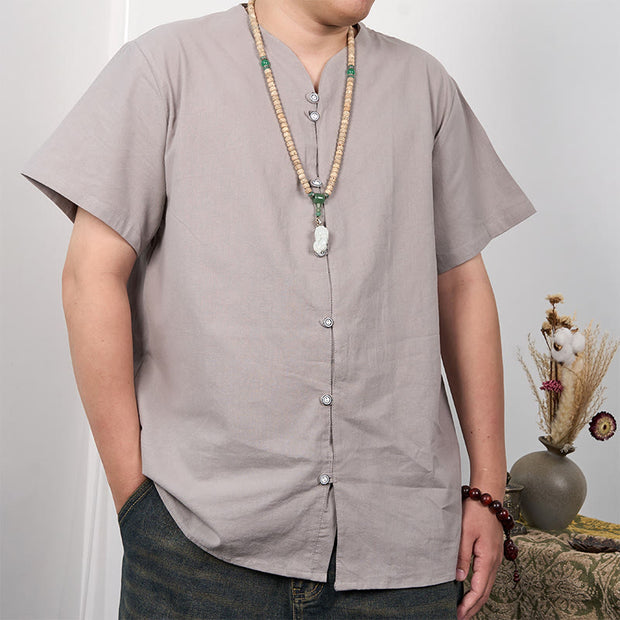 Buddha Stones Men's Short Sleeve Button Down Cotton Linen Shirt Men's Shirts BS 16