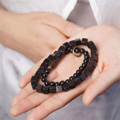 Buddha Stones Tibet Ebony Wood Square Beads Peace Double Wrap Bracelet