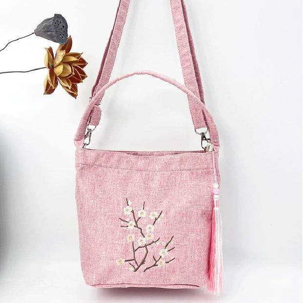 Buddha Stones Embroidery Wisteria Plum Lotus Cherry Blossom Cotton Linen Canvas Tote Crossbody Bag Shoulder Bag Handbag 34