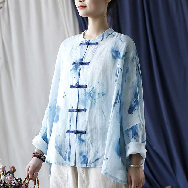 Buddha Stones Tie Dye Blue Flowers Frog-Button Design Long Sleeve Ramie Linen Jacket Shirt 20