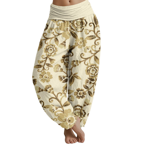 Buddha Stones  Numerous Flowers Pattern Women's Elastic Waist Harem Pants