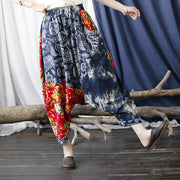 Buddha Stones Blue Red Peony Flowers Patchwork Cotton Linen Harem Pants With Pockets