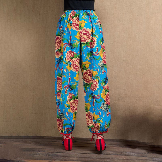 Buddha Stones Ethnic Style Red Green Flowers Print Harem Pants With Pockets Women's Harem Pants BS 28