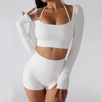 Buddha Stones Ribbed Long Sleeve Crop Top T-shirt Shorts Sports Fitness Gym Yoga Outfits 2-Piece Outfit BS main