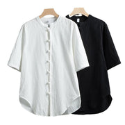 Buddha Stones Frog-Button Plain Chinese Tang Suit Short Sleeve Shirt Cotton Linen Men Clothing