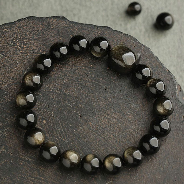 Buddha Stones Gold Sheen Obsidian Silver Sheen Obsidian Lovely Paw Lucky Cat Protection Bracelet