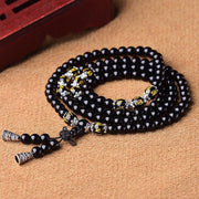 Buddha Stones Black Obsidian Six True Words Protection Mala Bracelet