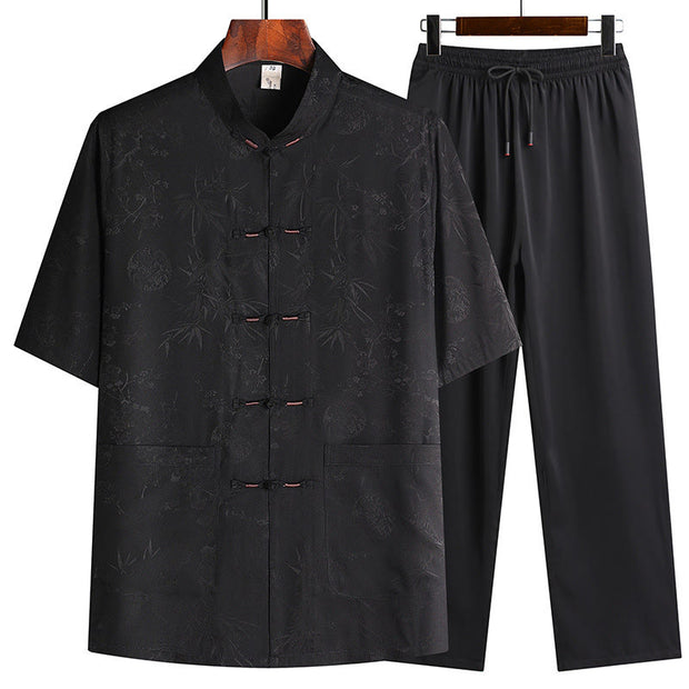 Buddha Stones Bamboo Peach Blossom Tang Suit Hanfu Traditional Uniform Short Sleeve Top Pants Clothing Men's Set Men's Meditation Cloth BS Black(Top&Pants) 42/3XL