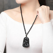 Buddha Stones Black Obsidian Koi Fish Engraved Strength Beaded Necklace Pendant