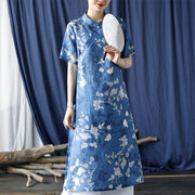 Buddha Stones Ramie Linen Blue White Flowers Branches Cheongsam Dresses Short Sleeve Dress 12