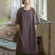 Buddha Stones Mid Length Dress Ramie Linen Half Sleeve Split Hem Top T-Shirt 18