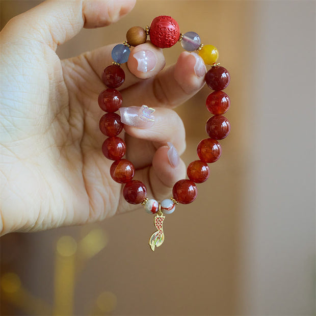 Buddha Stones Natural Red Agate Peace Talisman Fu Character Dragon Tail Confidence Charm Bracelet