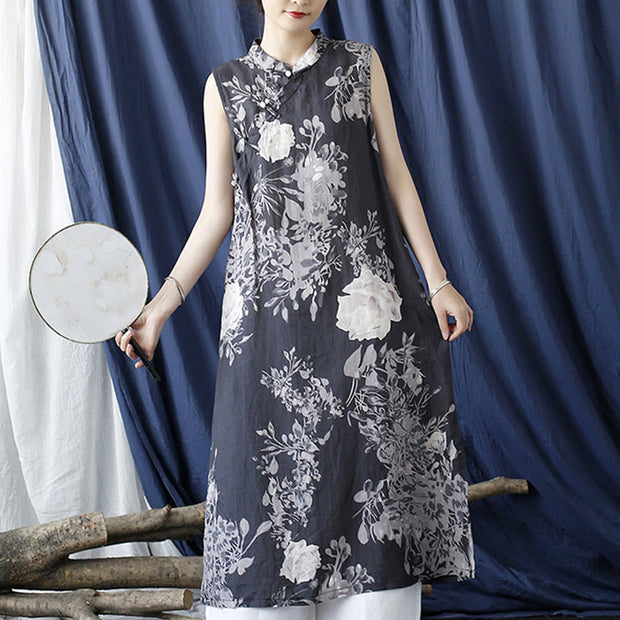 Buddha Stones Ancient Ramie Linen Flowers Printing Cheongsam Dresses Sleeveless Dress