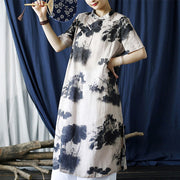 Buddha Stones Ramie Linen Ink Lotus Leaf Cheongsam Dresses Short Sleeve Dress