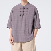 Buddha Stones Frog-Button Plaid Pattern Chinese Tang Suit Half Sleeve Shirt Cotton Linen Men Clothing Men's Shirts BS 17