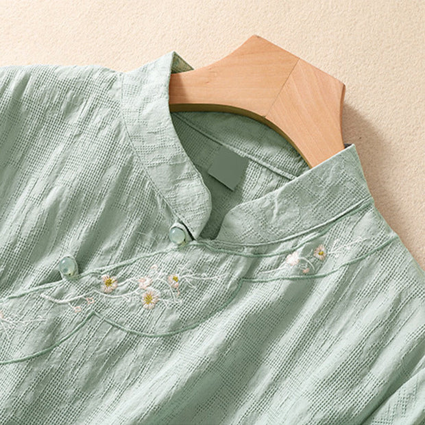 Buddha Stones Plum Blossom Embroidery Frog-Button Short Sleeve Cotton Linen Shirt