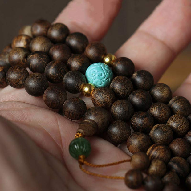 Buddha Stones 108 Mala Beads Nha Trang Agarwood Turquoise Prayer Meditation Bracelet Mala Mala Bracelet BS 5