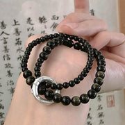 Buddha Stones 999 Sterling Silver Black Obsidian Fulfillment Strength Double Layer Bracelet