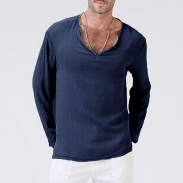 Buddha Stones Solid Color V-Neck Long Sleeve Cotton Linen Men's T-shirt