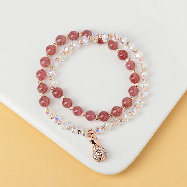 Buddha Stones Strawberry Quartz White Crystal Money Bag Charm Positive Bracelet Bracelet BS 3