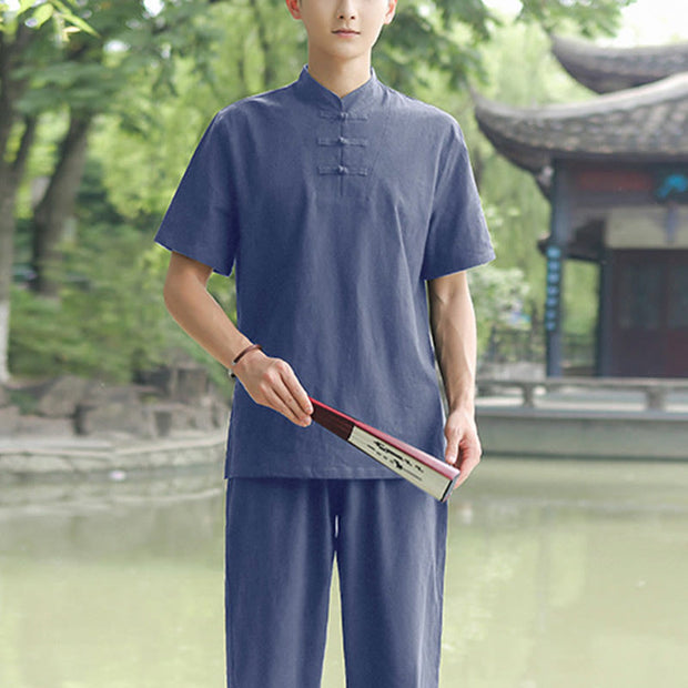 Buddha Stones 2Pcs Men's Short Sleeve Shirt Top T-Shirt Pants Meditation Zen Tai Chi Cotton Linen Clothing Set Men's Meditation Cloth BS Blue(Top&Pants) 6XL(Bust 138cm/Waist 86-150cm/Hips 144cm)