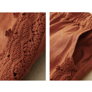 Buddha Stones Solid Color Lace Spliced Elastic Waist Harem Pants With Pockets