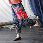 Buddha Stones Red Peony Blue Bamboo Chrysanthemum Patchwork Cotton Linen Harem Pants With Pockets