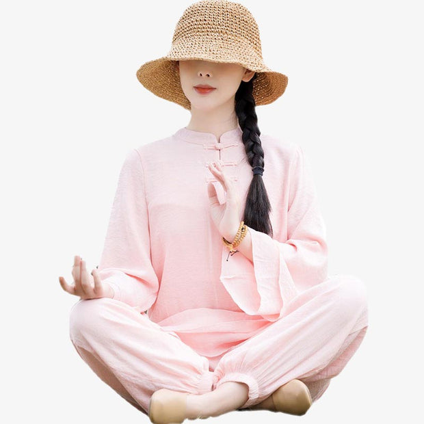 Buddha Stones 2Pcs Plain Design Top Pants Meditation Yoga Zen Tai Chi Cotton Linen Clothing Women's Set Clothes BS 15
