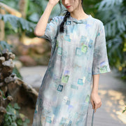 Buddha Stones Patchwork Half Sleeve Ramie Linen Chinese Style Cheongsam Midi Dress With Pockets