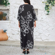 Buddha Stones Boho Flowers Print V-Neck Batwing Sleeve Maxi Dress Vacation Beach Cover-Up
