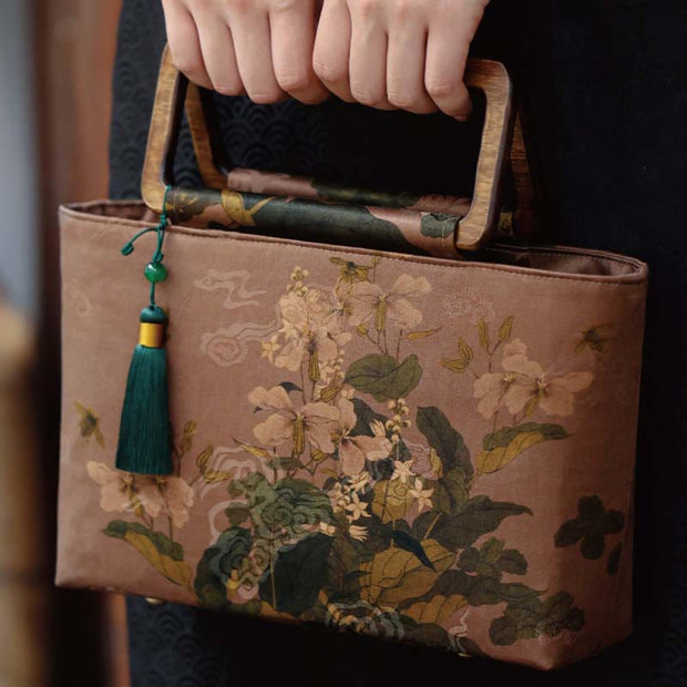 Buddha Stones Vintage Brown Flowers Green Bamboo Leaves Wood Handles Zipper Handbag Handbags BS 1