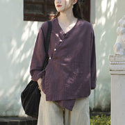 Buddha Stones Solid Color Ramie Linen Loose Blouse Long Sleeve Shirt Chinese Hanfu Top