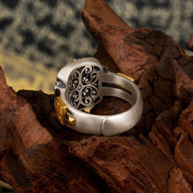 Buddha Stones 925 Sterling Silver Zakiram Goddess of Wealth Design Dzi Bead Protection Ring Ring BS 3