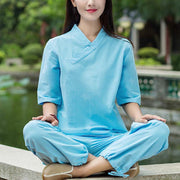 Buddha Stones 2Pcs Half Sleeve V-Neck Shirt Top Pants Meditation Zen Tai Chi Linen Clothing Women's Set