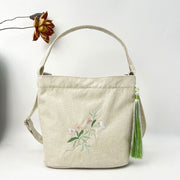 Buddha Stones Embroidery Wisteria Plum Lotus Cherry Blossom Cotton Linen Canvas Tote Crossbody Bag Shoulder Bag Handbag 35