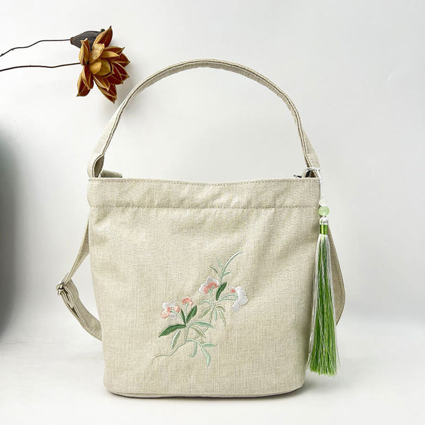 Buddha Stones Embroidery Wisteria Plum Lotus Cherry Blossom Cotton Linen Canvas Tote Crossbody Bag Shoulder Bag Handbag