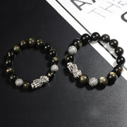 Buddha Stones 925 Sterling Silver Natural Gold Sheen Obsidian PiXiu Wealth Protection Bracelet