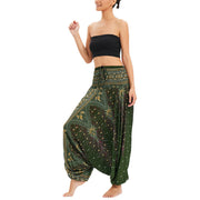 Buddha Stones Two Style Wear Peacock Feather Loose Smocked Harem Trousers Jumpsuit High Waist Pants